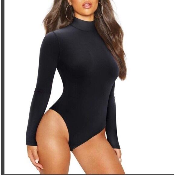 Women's Basic Turtle Neck Thong Bodysuit Sexy Long Sleeve Solid Black Size Large - Picture 1 of 4